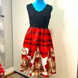 Ugly Christmas sweater party musical Santa cat black & red dress- size 6.